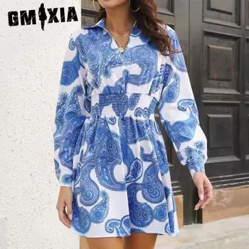 GMXIA Женские модные летние весенние повседневные платья с длинным рукавом и v-образным вырезом и высокой талией с цветочным принтом S зелёный
