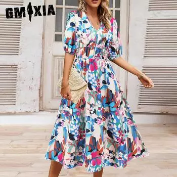 GMXIA Женские модные летние весенние повседневные платья с коротким рукавом и v-образным вырезом с цветочным принтом S оранжевый