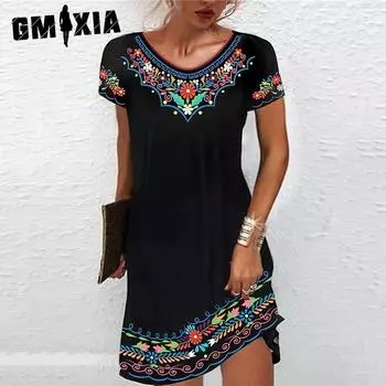GMXIA Женские модные летние весенние повседневные платья с короткими рукавами и круглым вырезом