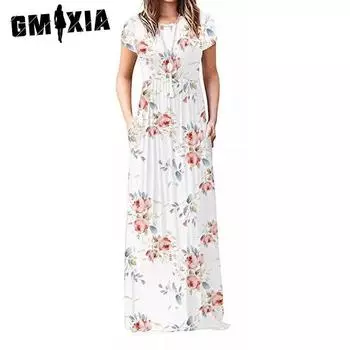 GMXIA Женские модные летние весенние повседневные платья с коротким рукавом и круглым вырезом с цветочным принтом S белый