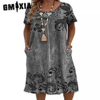 GMXIA Женские модные летние весенние повседневные платья с короткими рукавами и круглым вырезом