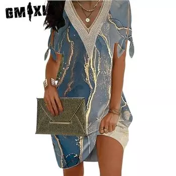 GMXIA Женские модные летние весенние повседневные платья с коротким рукавом и v-образным вырезом с цветочным принтом