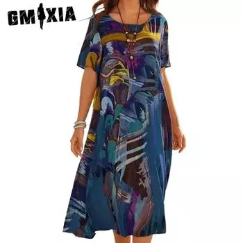 GMXIA Женские модные летние весенние повседневные платья с короткими рукавами и круглым вырезом XL синий