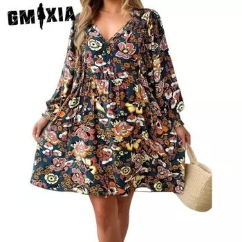 GMXIA Женские модные летние весенние повседневные платья с длинным рукавом и v-образным вырезом с цветочным принтом S жёлтый