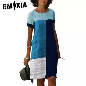 GMXIA Женские модные летние весенние повседневные платья с короткими рукавами и круглым вырезом с цветными блоками и принтом S