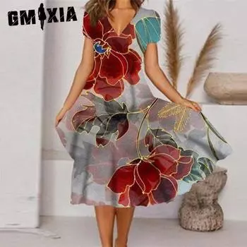 GMXIA Женские модные летние весенние повседневные платья с коротким рукавом и v-образным вырезом с цветочным принтом