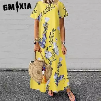 GMXIA Женские модные летние весенние повседневные платья с коротким рукавом и круглым вырезом с цветочным принтом S белый