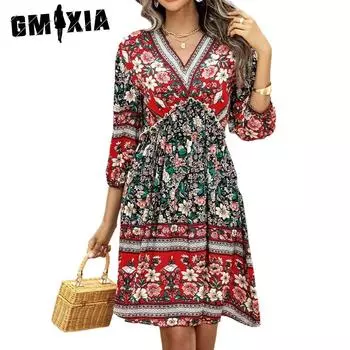 GMXIA Женские модные летние весенние повседневные платья с длинным рукавом и v-образным вырезом с цветочным принтом S абрикосовый