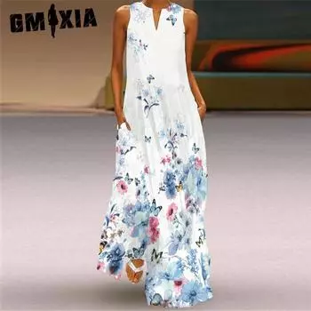 GMXIA Женские модные летние весенние повседневные платья без рукавов с v-образным вырезом S