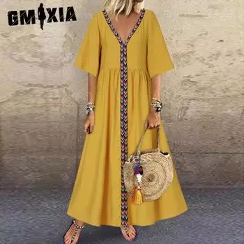 GMXIA Женские модные летние весенние повседневные платья с короткими рукавами и v-образным вырезом S жёлтый