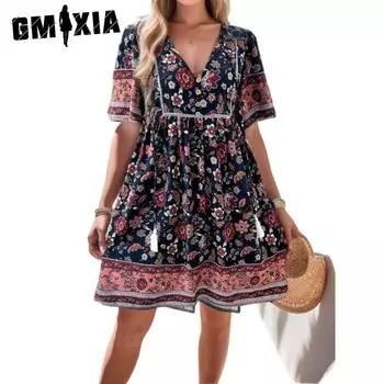 GMXIA Женские модные летние весенние повседневные платья с коротким рукавом и v-образным вырезом с цветочным принтом S розовый