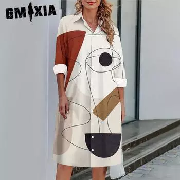 GMXIA Женские модные летние весенние повседневные платья с длинным рукавом и v-образным вырезом и высокой талией с цветочным принтом S