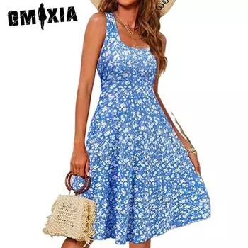 GMXIA Женские модные летние весенние повседневные платья без рукавов с круглым вырезом и цветочным принтом S синий