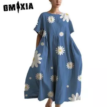 GMXIA Женские модные летние весенние повседневные платья с коротким рукавом и круглым вырезом с цветочным принтом