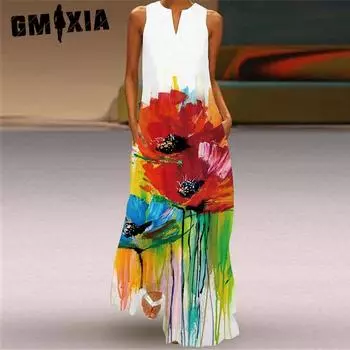 GMXIA Женские модные летние весенние повседневные платья без рукавов с v-образным вырезом S