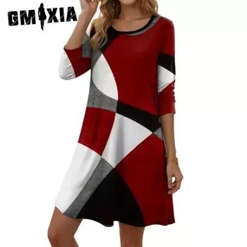 GMXIA Женские модные летние весенние повседневные платья с длинным рукавом и круглым вырезом S