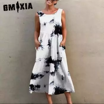 GMXIA Женские модные летние весенние повседневные платья без рукавов с круглым вырезом S белый
