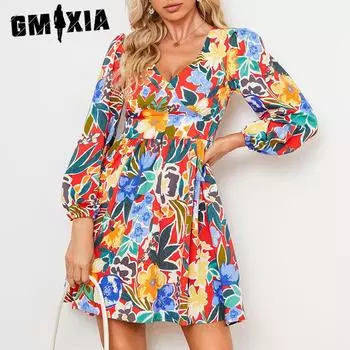 GMXIA Женские модные летние весенние повседневные платья с длинным рукавом и v-образным вырезом и высокой талией с цветочным принтом S разноцветный