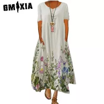 GMXIA Женские модные летние весенние повседневные платья с коротким рукавом и v-образным вырезом с цветочным принтом S бежевый