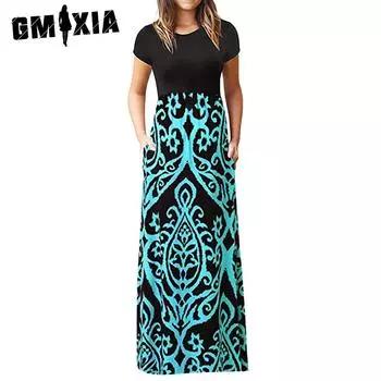 GMXIA Женские модные летние весенние повседневные платья с короткими рукавами и круглым вырезом S синий