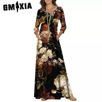 GMXIA Женские модные летние весенние повседневные платья с длинным рукавом и круглым вырезом с цветочным принтом S