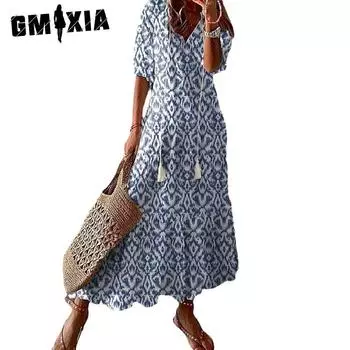 GMXIA Женские модные летние весенние повседневные платья с короткими рукавами и v-образным вырезом S