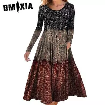 GMXIA Женские модные летние весенние повседневные платья с длинным рукавом и круглым вырезом