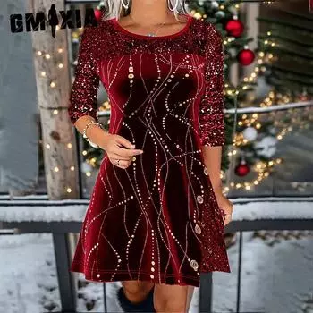 GMXIA Женские модные летние весенние повседневные платья с длинным рукавом и круглым вырезом S красный