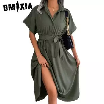 GMXIA Женские модные летние весенние повседневные платья с короткими рукавами и лацканами с высокой талией S бордовый