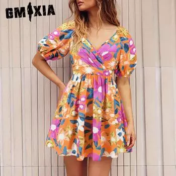 GMXIA Женские модные летние весенние повседневные платья с коротким рукавом и v-образным вырезом с цветочным принтом S зелёный
