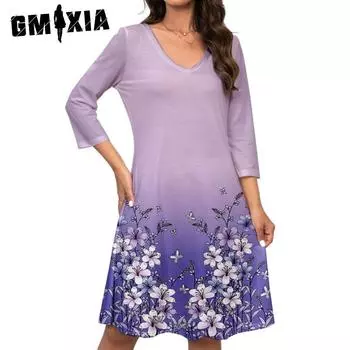 GMXIA Женские модные летние весенние повседневные платья с коротким рукавом и v-образным вырезом с цветочным принтом S фиолетовый