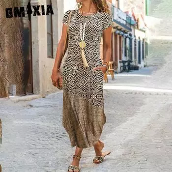 GMXIA Женские модные летние весенние повседневные платья с короткими рукавами и круглым вырезом S