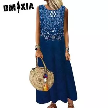 GMXIA Женские модные летние весенние повседневные платья без рукавов с круглым вырезом S