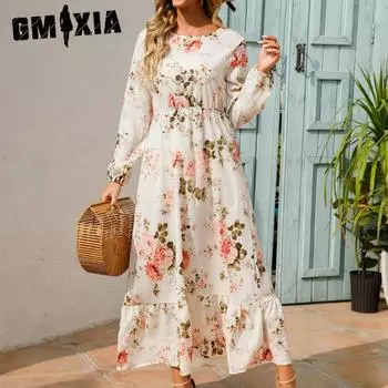 GMXIA Женские модные летние весенние повседневные платья с цветочным принтом и длинными рукавами M