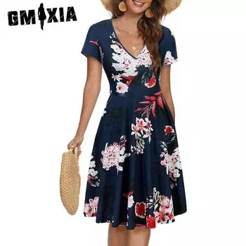 GMXIA Женские модные летние весенние повседневные платья с коротким рукавом и v-образным вырезом с цветочным принтом