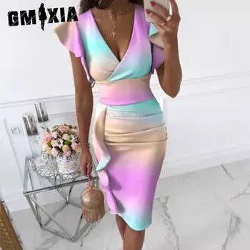 GMXIA Женские модные летние весенние повседневные платья с короткими рукавами и v-образным вырезом S