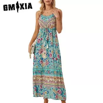 GMXIA Женские модные летние весенние повседневные платья без рукавов с v-образным вырезом и высокой талией с цветочным принтом S розовый