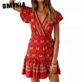 GMXIA Женские модные летние весенние повседневные платья с коротким рукавом и v-образным вырезом с цветочным принтом S бежевый