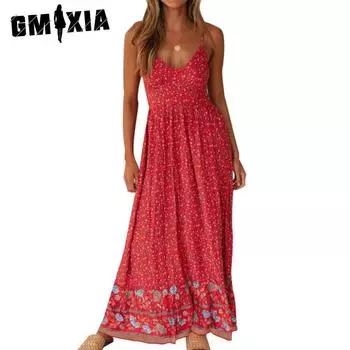 GMXIA Женские модные летние весенние повседневные платья без рукавов с v-образным вырезом и цветочным принтом S красный