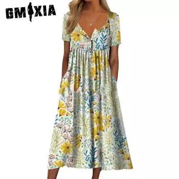 GMXIA Женские модные летние весенние повседневные платья с коротким рукавом и v-образным вырезом с цветочным принтом S