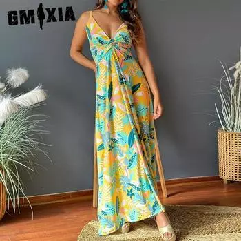 GMXIA Женские модные летние весенние повседневные платья без рукавов с v-образным вырезом и цветочным принтом S зелёный