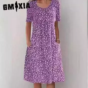 GMXIA Женские модные летние весенние повседневные платья с коротким рукавом и круглым вырезом с цветочным принтом S жёлтый