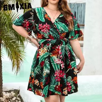 GMXIA Женские модные летние весенние повседневные платья с цветочным принтом и v-образным вырезом с коротким рукавом и высокой талией XL чёрный