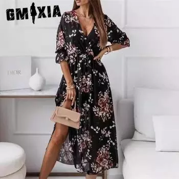 GMXIA Женские модные летние весенние повседневные платья с цветочным принтом и рукавами 2/1 и v-образным вырезом S бордовый