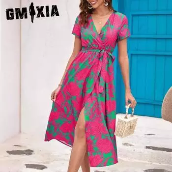 GMXIA Женские модные летние весенние повседневные платья с короткими рукавами и v-образным вырезом и высокой талией S красный