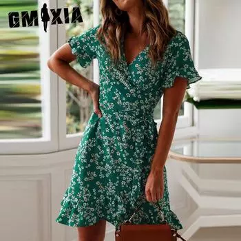 GMXIA Женские модные летние весенние повседневные платья с коротким рукавом и v-образным вырезом с цветочным принтом S зелёный