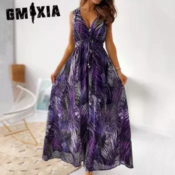 GMXIA Женские модные летние весенние повседневные платья без рукавов с v-образным вырезом и высокой талией с цветочным принтом S