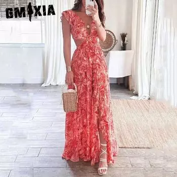 GMXIA Женские модные летние весенние повседневные платья без рукавов с v-образным вырезом и высокой талией с цветочным принтом S