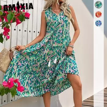GMXIA Женские модные летние весенние повседневные платья без рукавов с v-образным вырезом и высокой талией с цветочным принтом S зелёный