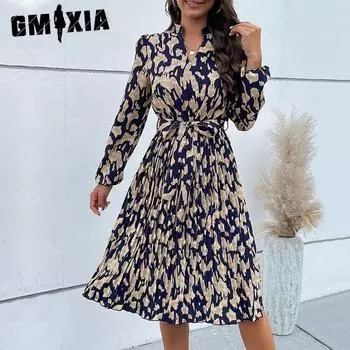 GMXIA Женские модные летние весенние повседневные платья с длинным рукавом и v-образным вырезом и высокой талией с цветочным принтом S темно-синий